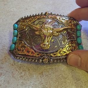 Longhorn steer western cowboy gold silver turquoise belt buckle
